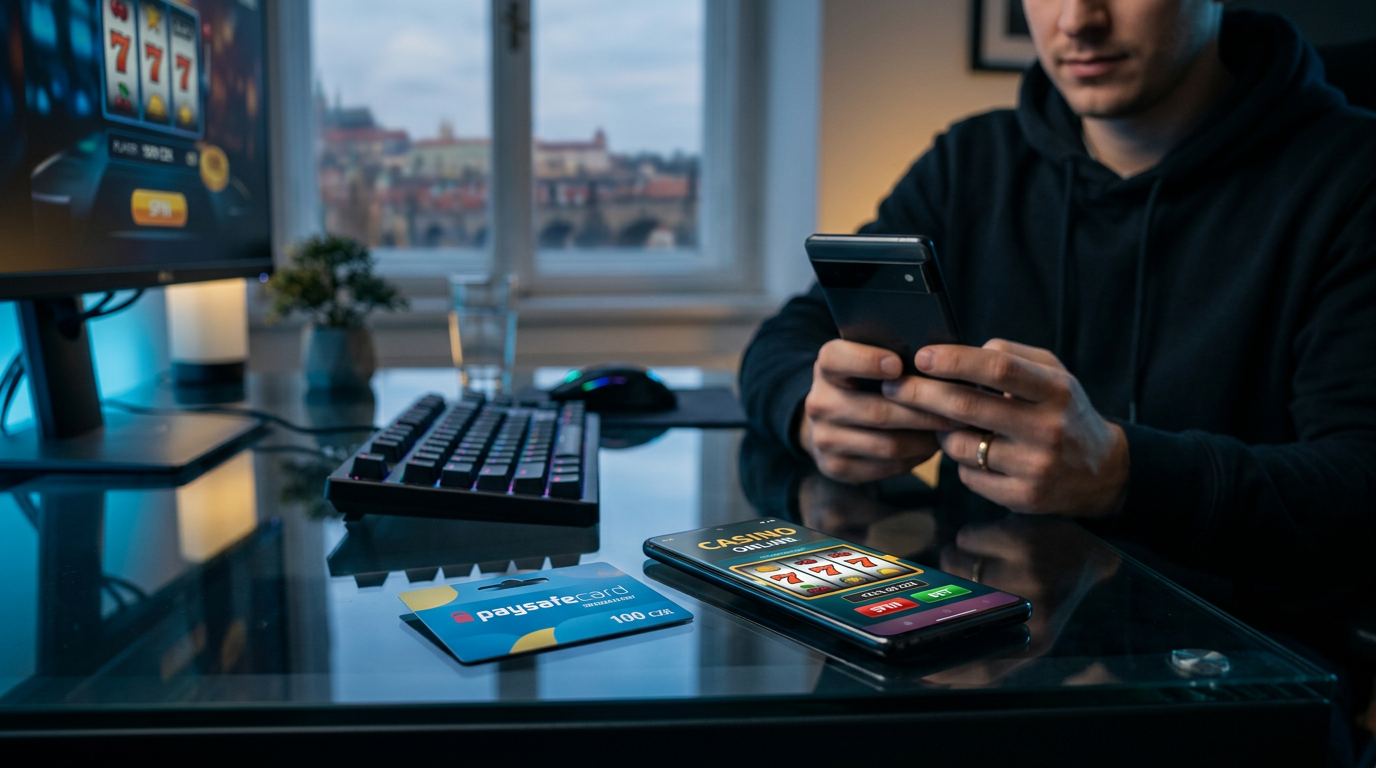 Paysafecard platební karta a smartphone s mobilním casinem na moderním stole