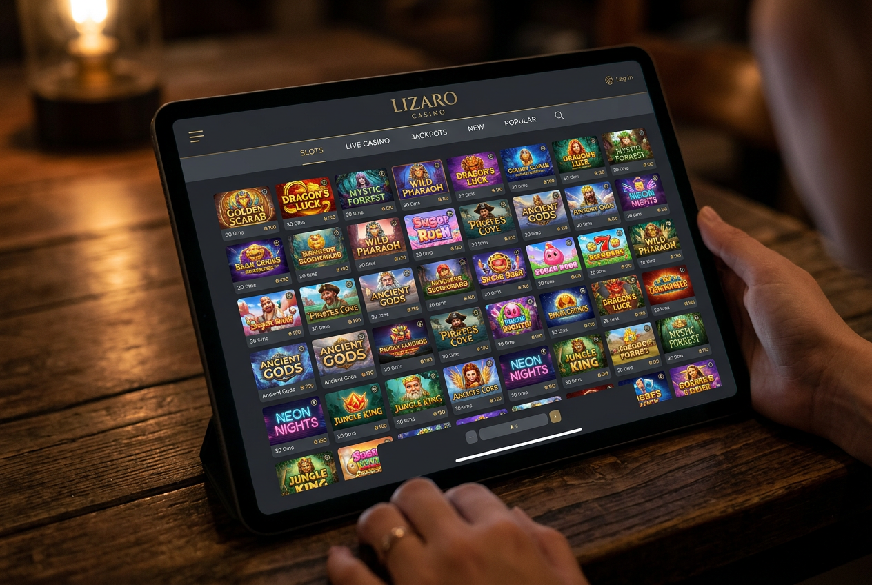 Moderní uživatelské rozhraní Lizaro Casino se stovkami her